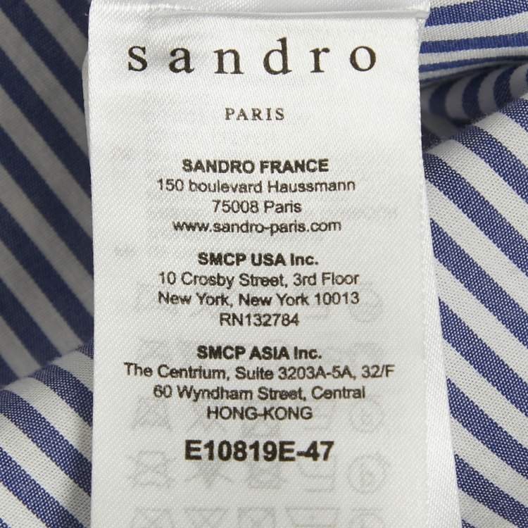 Pre Owned Sandro Blue Striped Cotton Neck Detail Blouse S