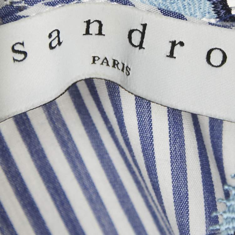 Pre Owned Sandro Blue Striped Cotton Neck Detail Blouse S