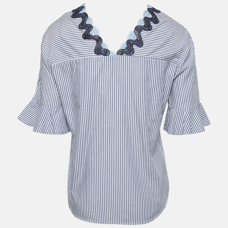 Pre Owned Sandro Blue Striped Cotton Neck Detail Blouse S