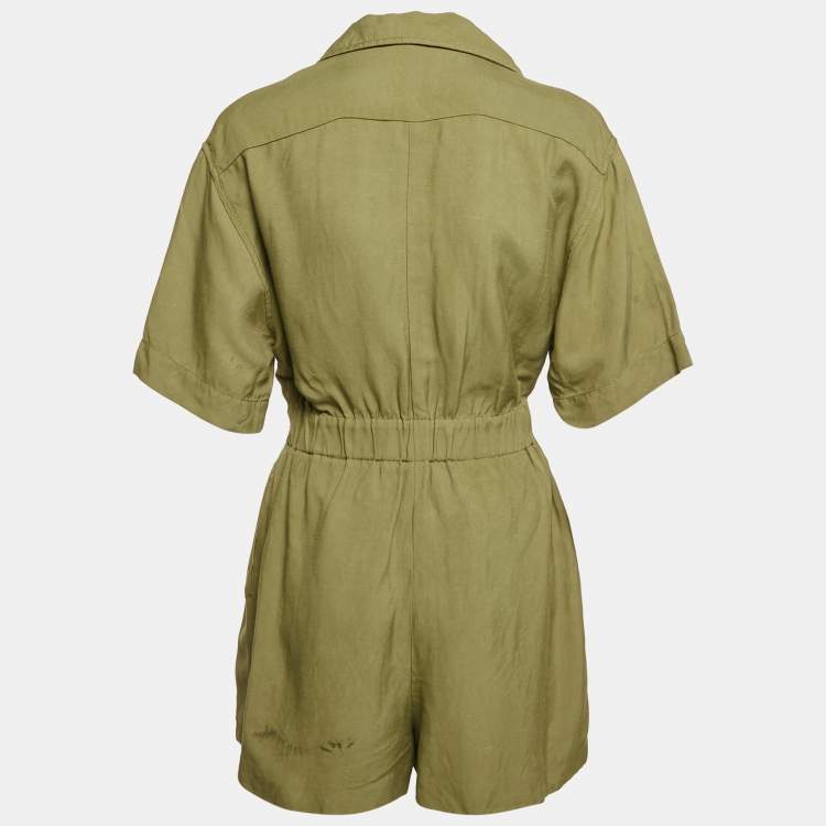 Pre Owned Sandro Khaki Green Linen Blend Turnlock Button Playsuit S