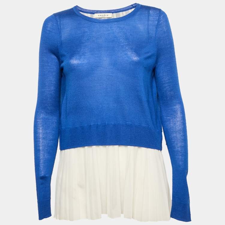 Pre Owned Sandro Blue/White Wool Knit and Chiffon Pleated Top S