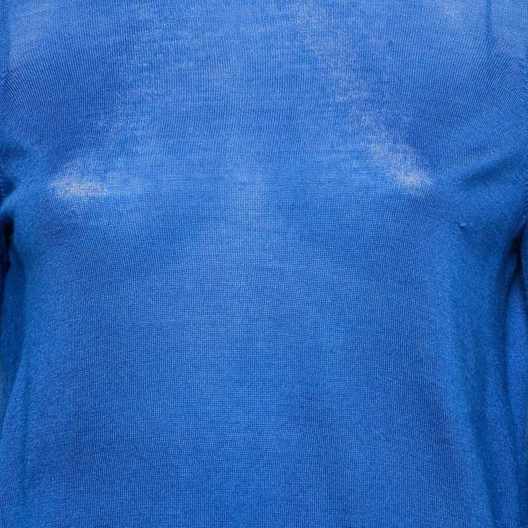 Pre Owned Sandro Blue/White Wool Knit and Chiffon Pleated Top S