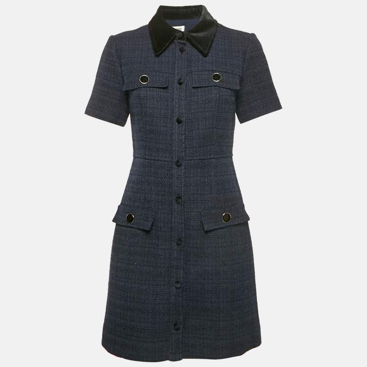 Pre Owned Sandro Navy Blue Tweed Faux Pocket Detail Mini Dress S