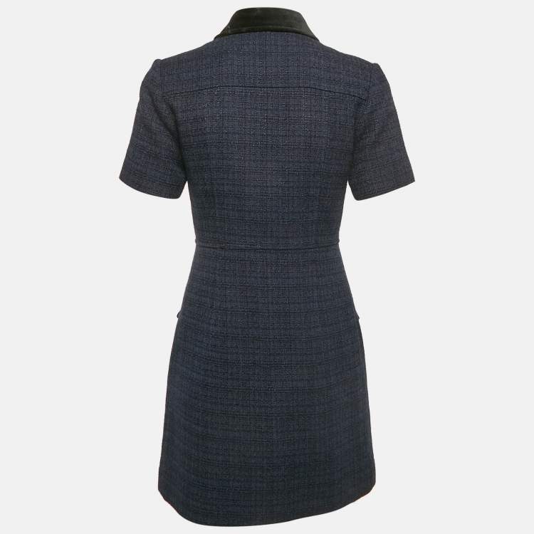 Pre Owned Sandro Navy Blue Tweed Faux Pocket Detail Mini Dress S
