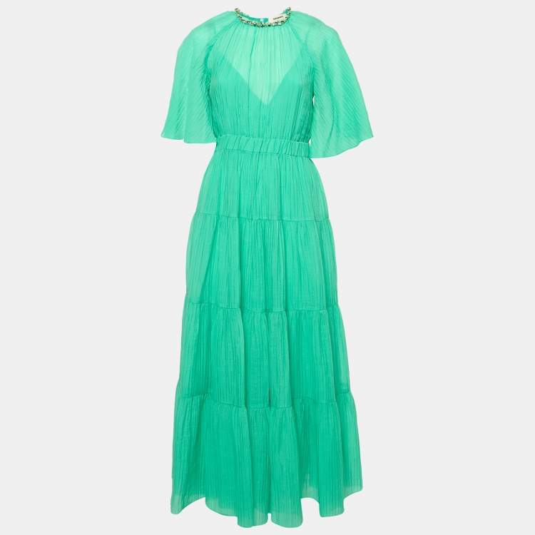 Pre Owned Sandro Green Lyocell Crystal Detail Tiered Long Dress S