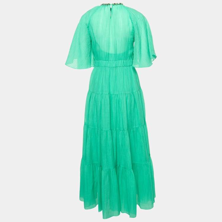Pre Owned Sandro Green Lyocell Crystal Detail Tiered Long Dress S