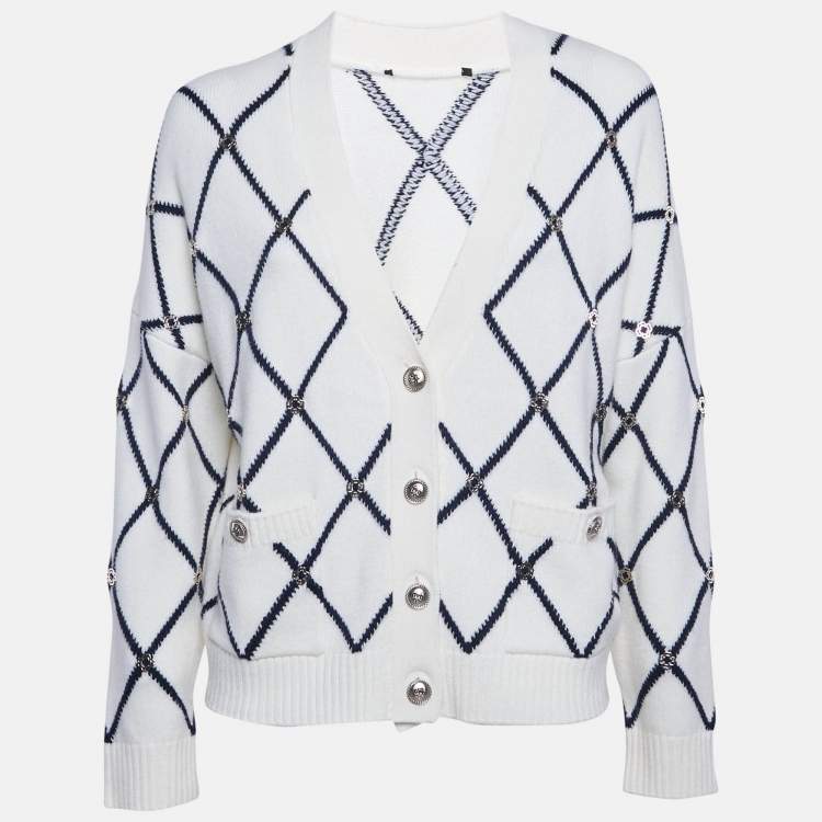Pre Owned Sandro White Diamond Knit Metal Embellished Cardigan M 