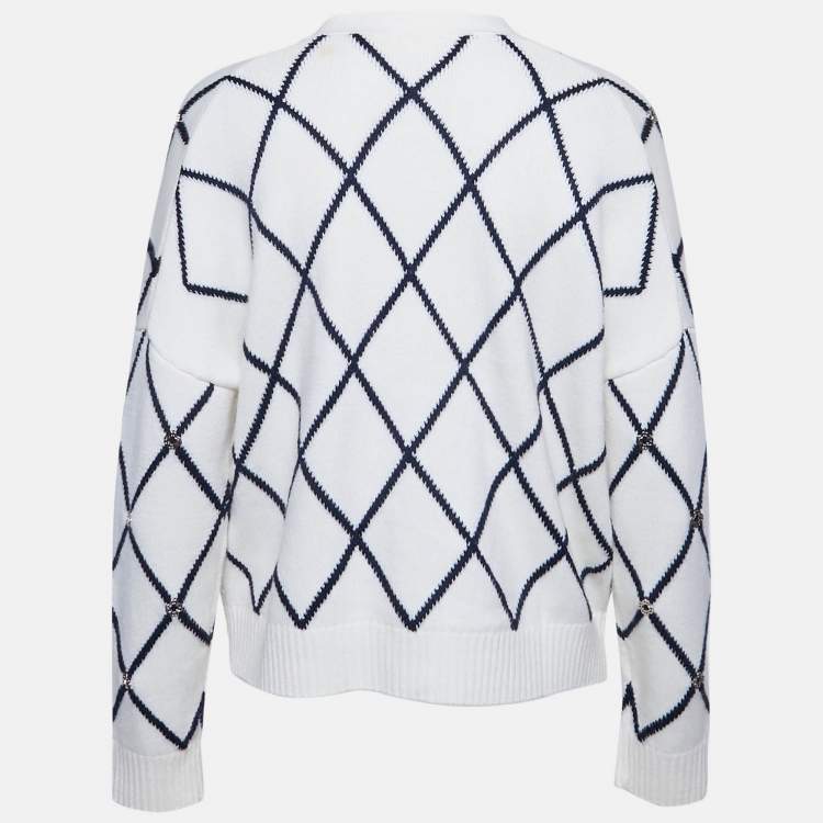 Pre Owned Sandro White Diamond Knit Metal Embellished Cardigan M 
