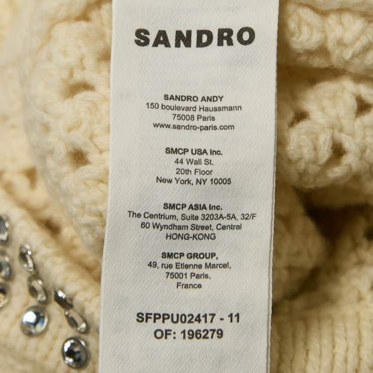 Pre Owned Sandro Cream Rhinestone Embellished Crochet Sweatshirt XS 
