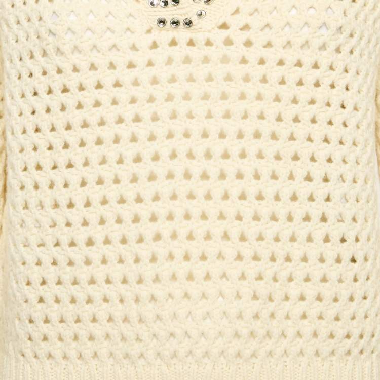 Pre Owned Sandro Cream Rhinestone Embellished Crochet Sweatshirt XS 