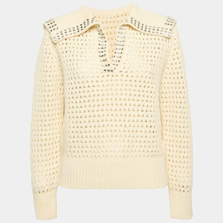 Pre Owned Sandro Cream Rhinestone Embellished Crochet Sweatshirt XS 