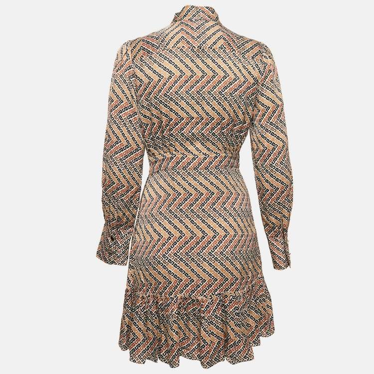 Pre Owned Sandro Multicolor Logo Print Satin Flounce Mini Dress XS