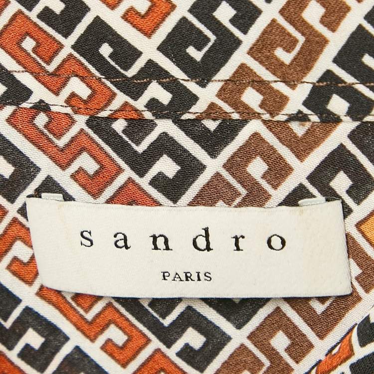 Pre Owned Sandro Multicolor Logo Print Satin Flounce Mini Dress XS