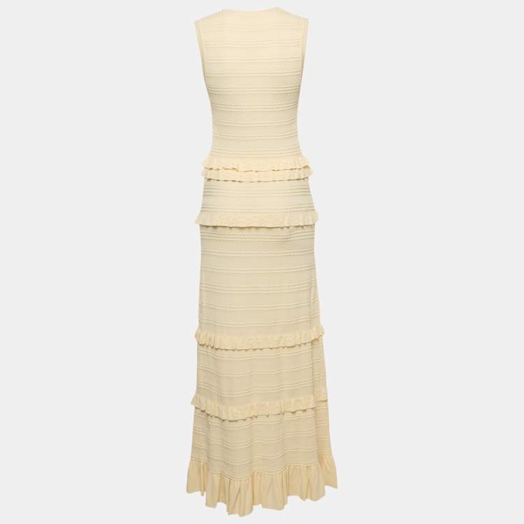 Pre Owned Sandro Cream Ruffled Knit Maxi Dress L