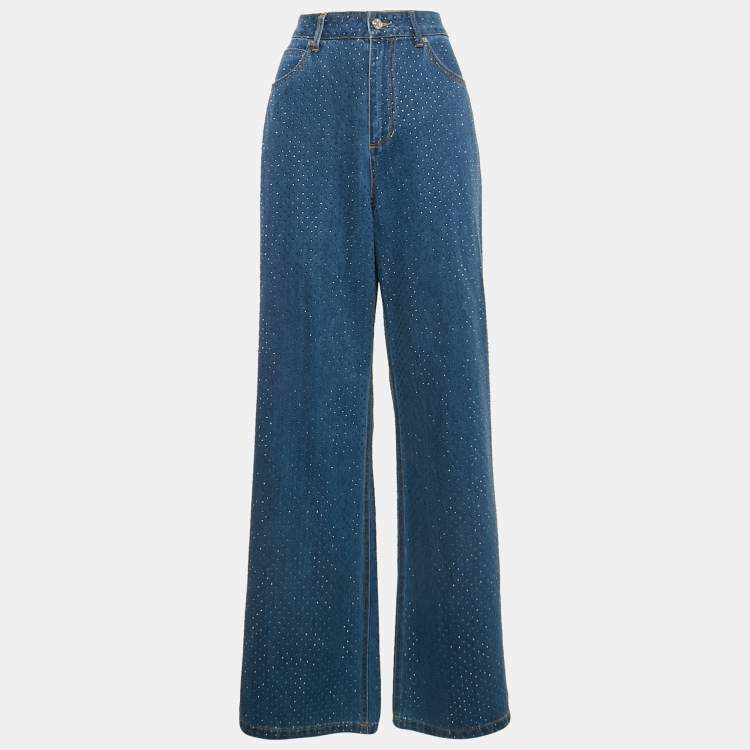 Pre Owned Sandro Blue Studded Denim Wide Leg Jeans S Waist 28"