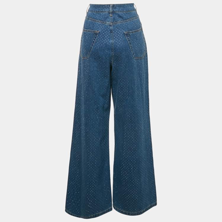 Pre Owned Sandro Blue Studded Denim Wide Leg Jeans S Waist 28"