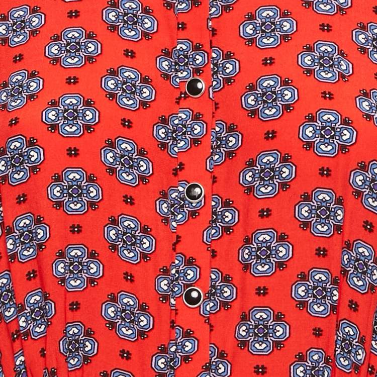 Pre Owned Sandro Red Printed Crepe Pleated Midi Dress S