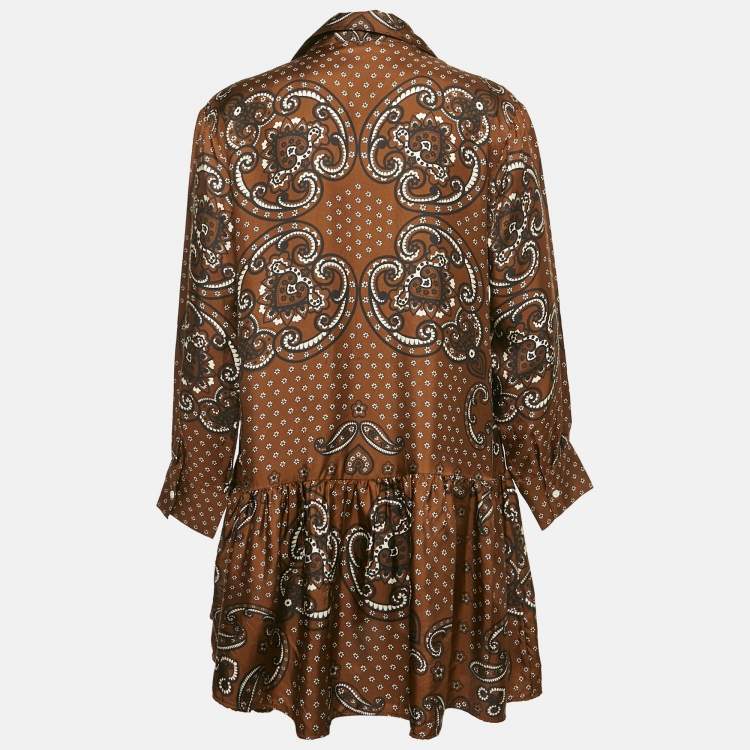 Pre Owned Sandro Brown Bandana Print Silk Gathered Mini Dress M