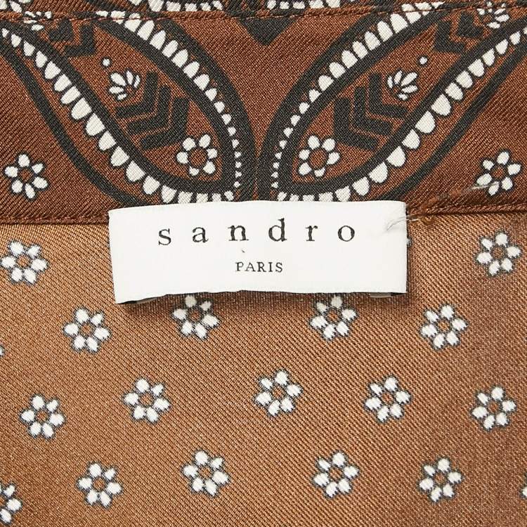 Pre Owned Sandro Brown Bandana Print Silk Gathered Mini Dress M