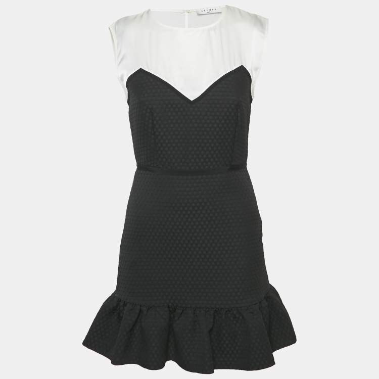 Pre Owned Sandro Black Satin/Jacquard Flounce Mini Dress S