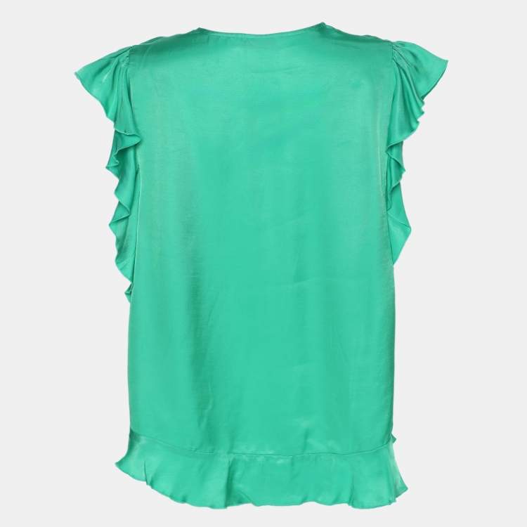 Pre Owned Sandro Green Crepe Viscose Ruffled Detail Top L