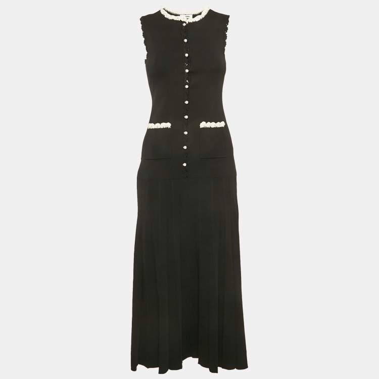 Pre Owned Sandro Black Crochet Trim Pleated Knit Long Dress S