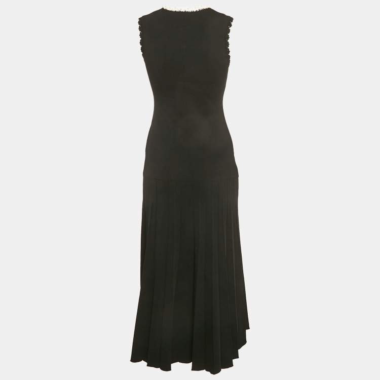 Pre Owned Sandro Black Crochet Trim Pleated Knit Long Dress S
