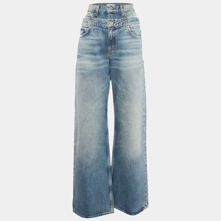 Pre Owned Sandro Blue Blue Layered Waist High Rise Wide Leg Jeans S Waist 24"
