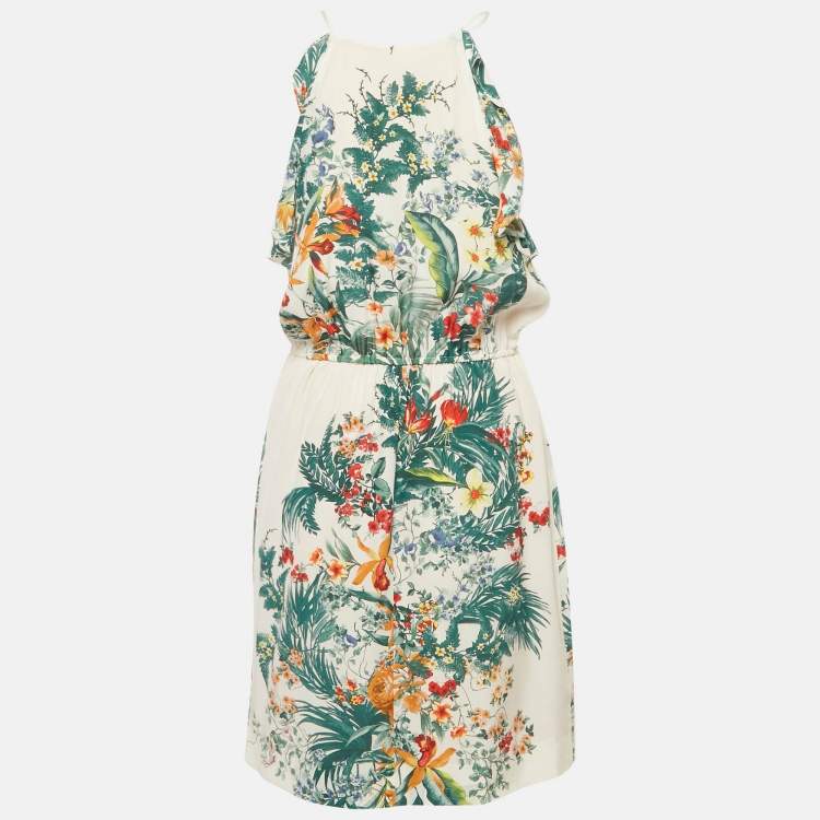 Pre Owned Sandro Green Floral Print Silk Ruffled Mini Dress L