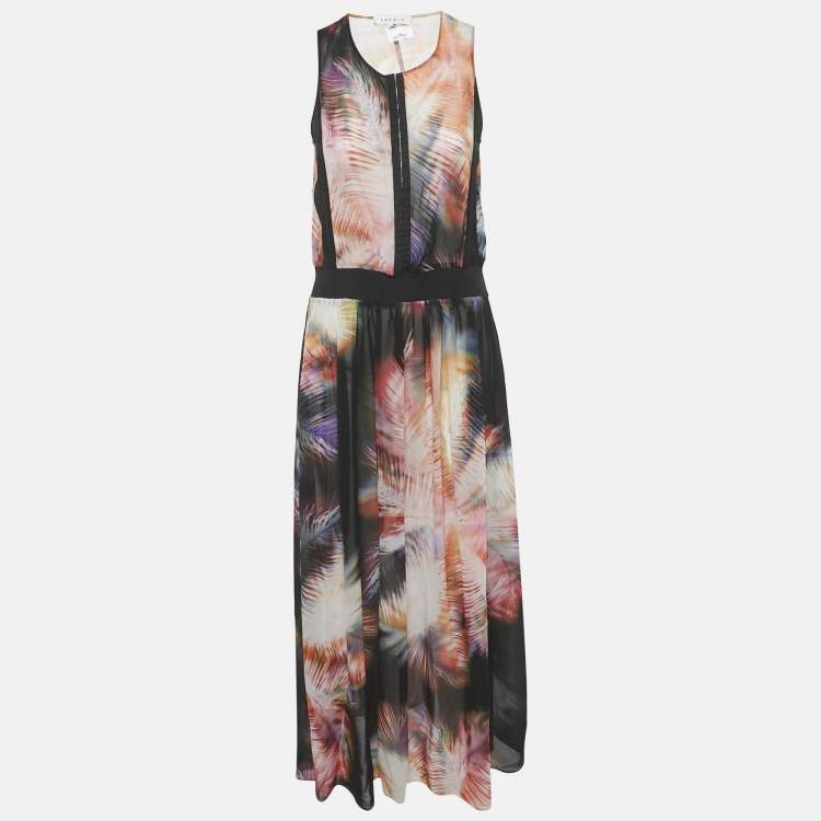 Pre Owned Sandro Pink Printed Silk and Rib Knit Trim Maxi Dress S