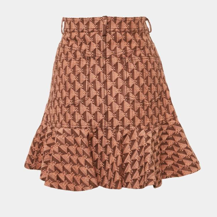 Pre Owned  Sandro Salmon Pink Monogram Detail Denim Ruffled Hem Mini Skirt M