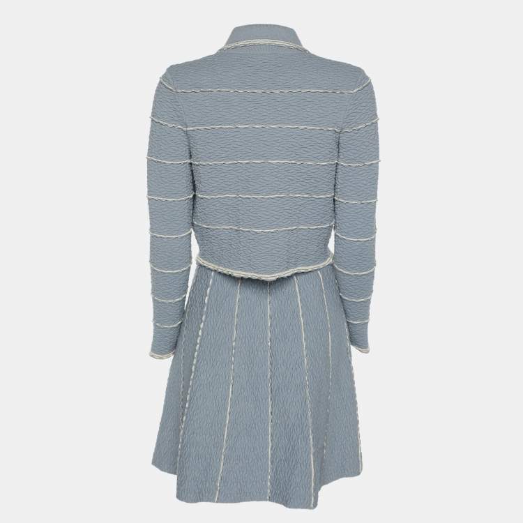 Pre Owned Sandro Blue Textured Stripe Stretch Knit Cardigan and Skirt Set S