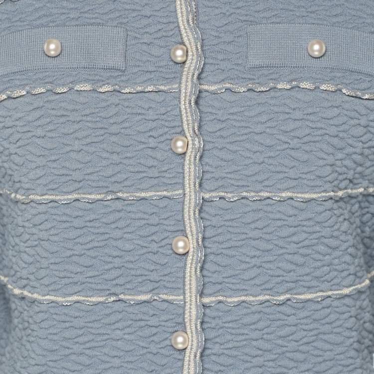 Pre Owned Sandro Blue Textured Stripe Stretch Knit Cardigan and Skirt Set S