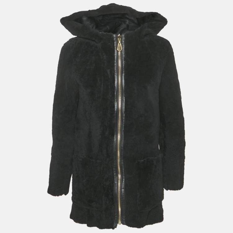 Pre Owned Sandro Black Shearling & Leather Reversible Hooded Jacket S