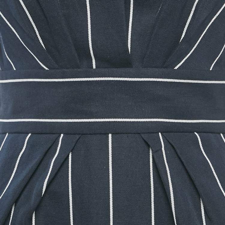 Pre Owned Sandro Navy Blue Striped Cotton & Linen Pleated Detail Mini Dress S