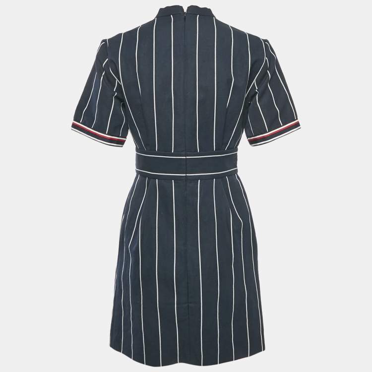 Pre Owned Sandro Navy Blue Striped Cotton & Linen Pleated Detail Mini Dress S