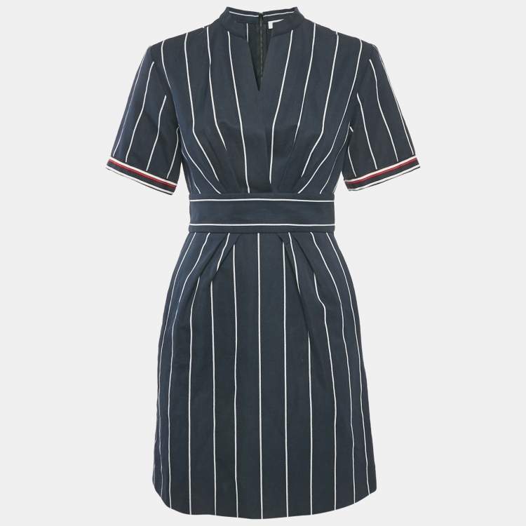 Pre Owned Sandro Navy Blue Striped Cotton & Linen Pleated Detail Mini Dress S