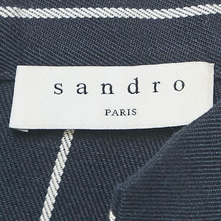 Pre Owned Sandro Navy Blue Striped Cotton & Linen Pleated Detail Mini Dress S