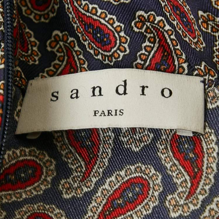 Pre Owned Sandro Navy Blue & Red Paisley Printed Silk High Neck Maxi Dress XS