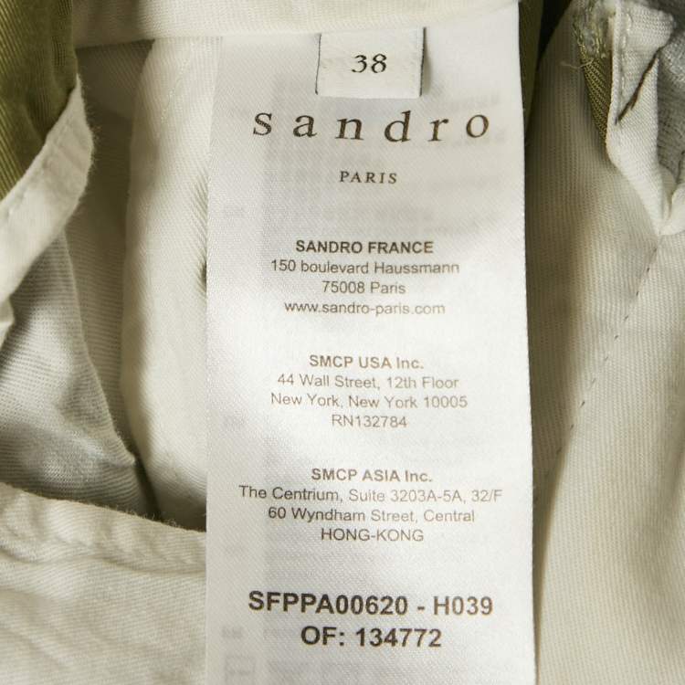 Pre Owned Sandro Sage Green Gabardine Cotton Belted High Rise Trousers M