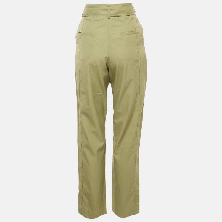 Pre Owned Sandro Sage Green Gabardine Cotton Belted High Rise Trousers M