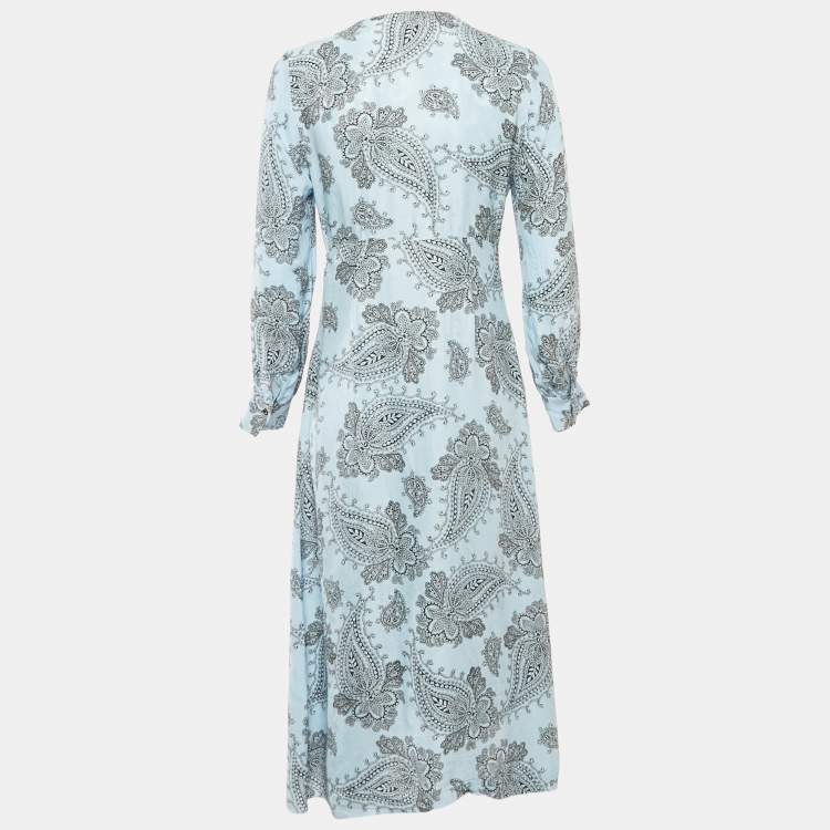 Pre Owned Sandro Blue Printed Sateen V-Neck Midi Dress M