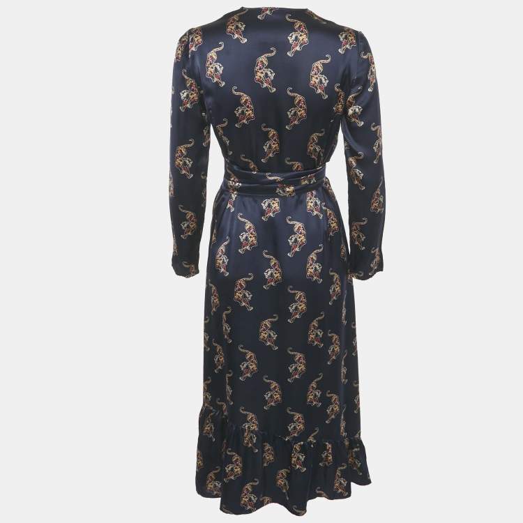 Pre Owned Sandro Navy Blue Oriental Tiger Print Satin Silk Wrap Dress S