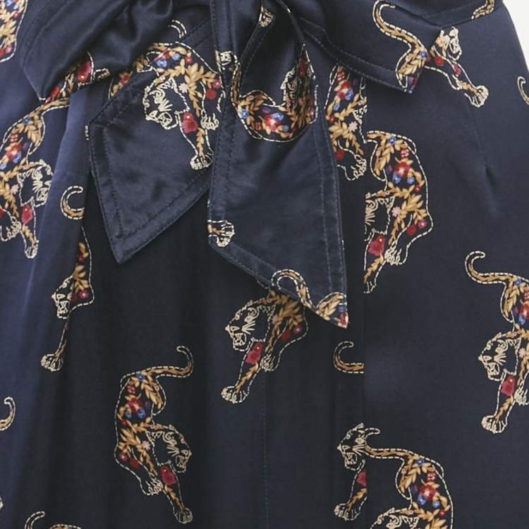 Pre Owned Sandro Navy Blue Oriental Tiger Print Satin Silk Wrap Dress S