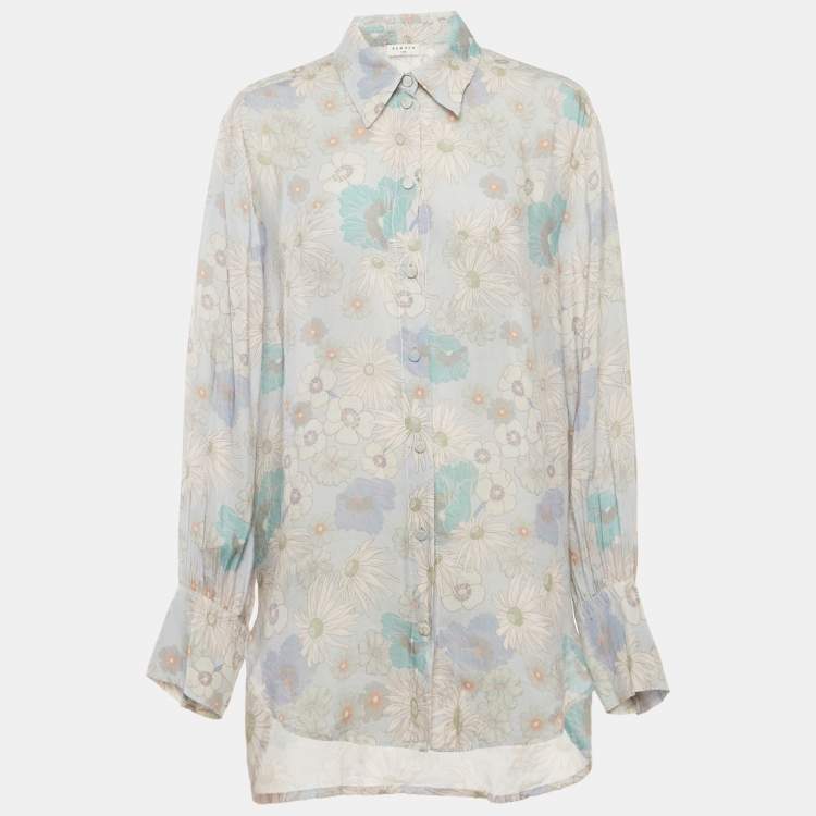 Pre Owned Sandro Blue Floral Print Crepe Long Sleeve Shirt M