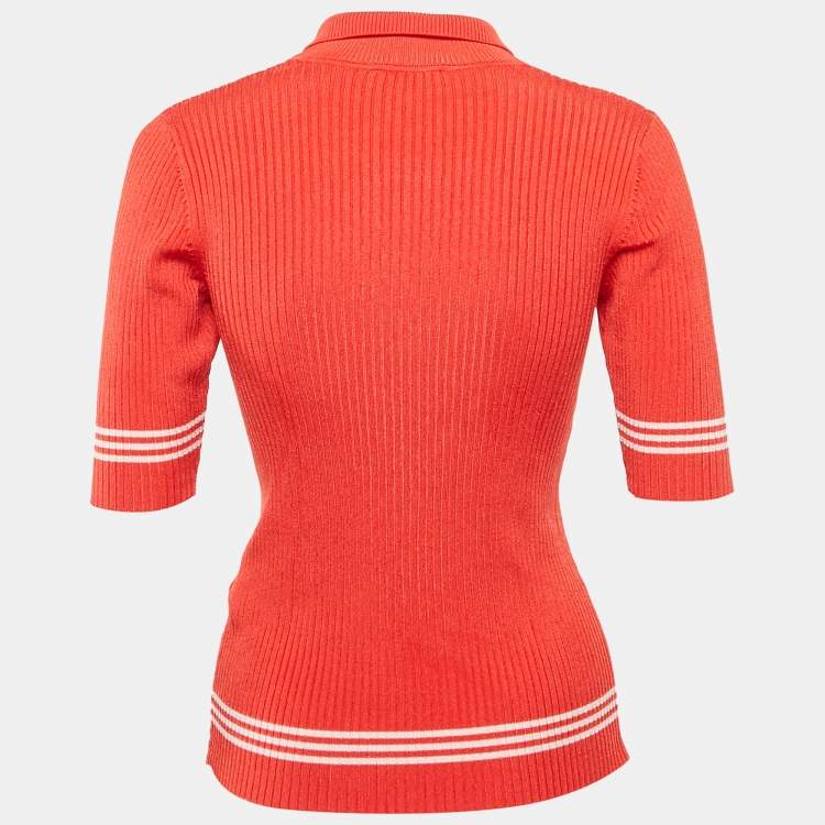 Pre Owned Sandro Red Rib Knit Short Sleeve Polo Top M