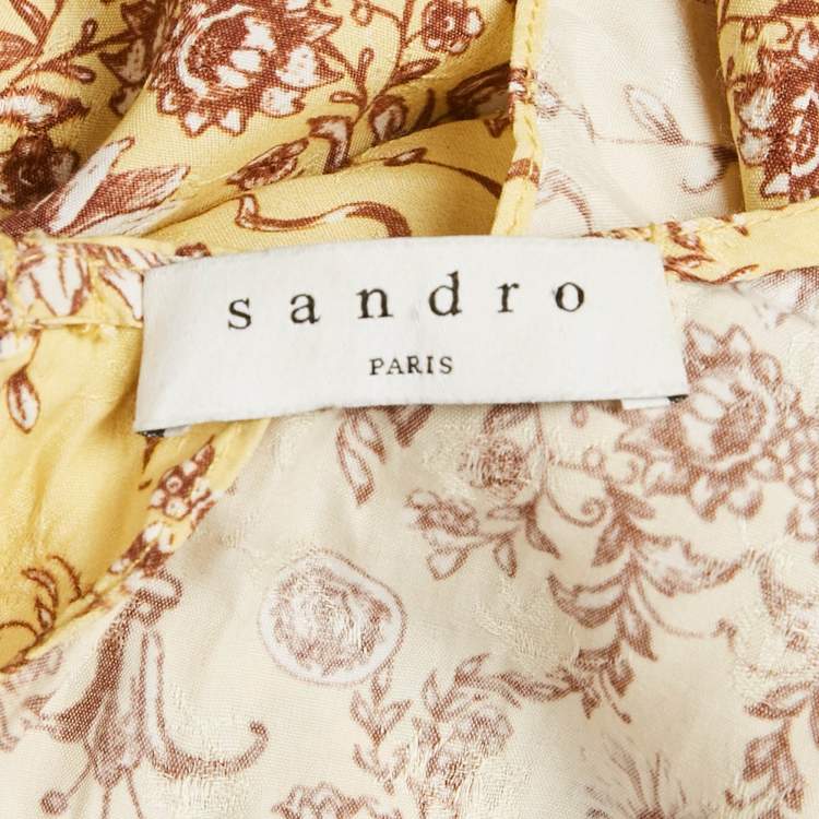 Pre Owned Sandro Yellow Floral Print Crepe V-Neck Midi Dress S   