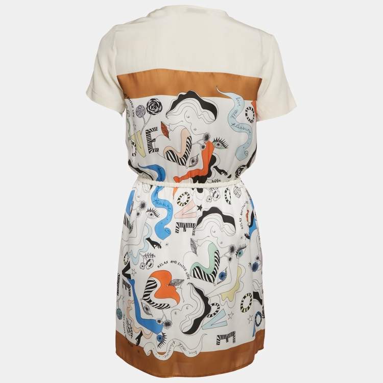Pre Owned Sandro White Printed Crepe and Silk Trim Mini Dress S