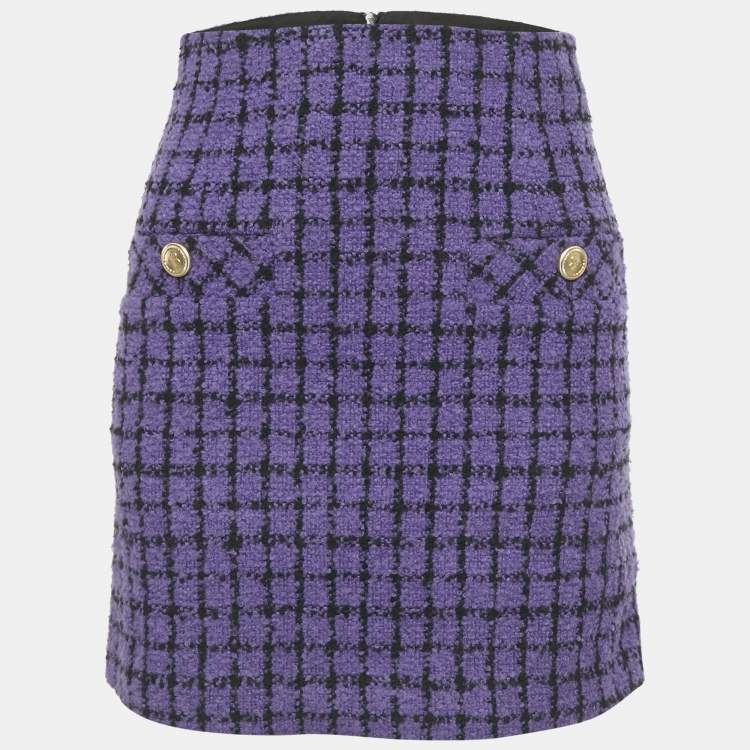 Pre Owned Sandro Purple Checkered Tweed Mini Skirt XS