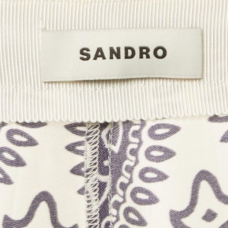 Pre Owned Sandro Cream/Blue Printed Satin Flared Trousers XS